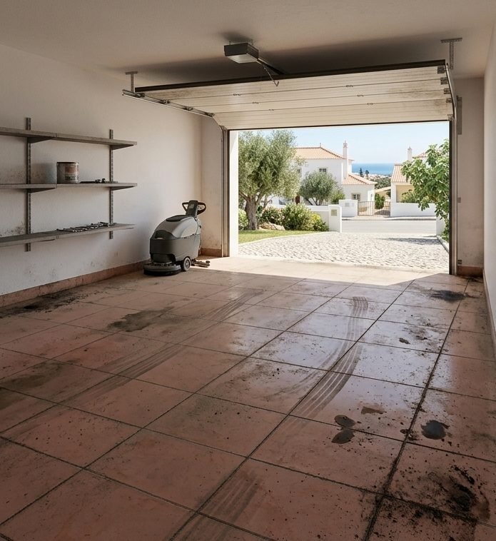 Home garage tiled floor before cleaning — tyre marks and dirty grout