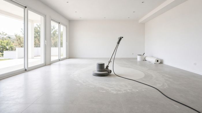 Rotary floor machine clearing grout haze from a grey porcelain floor in an empty new-build room