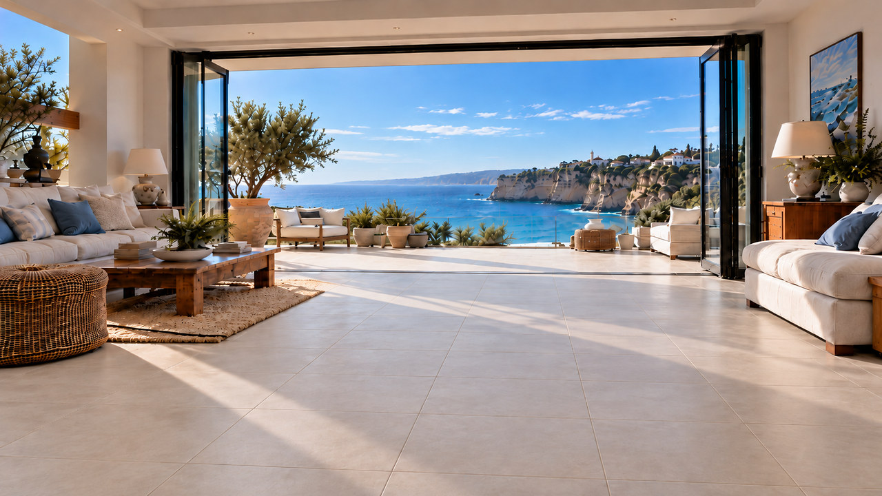 Open-plan villa lounge with a clean, bright tile floor and sea view
