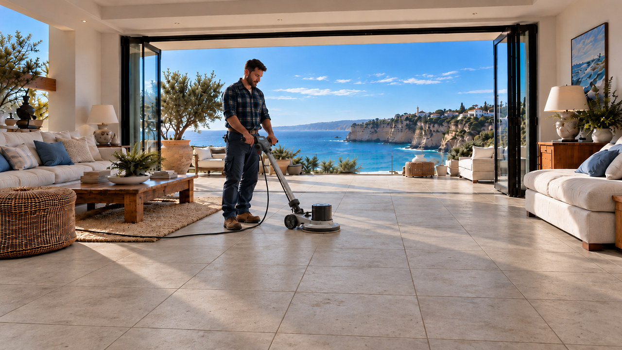 Villa lounge tile floor being deep cleaned with a rotary machine