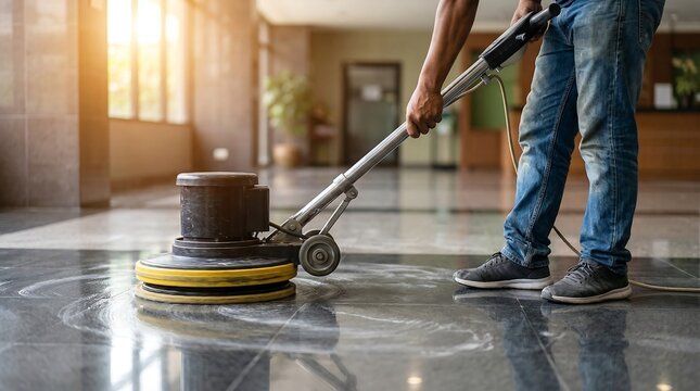 Rotary floor machine with a scrubbing pad working across a tiled floor