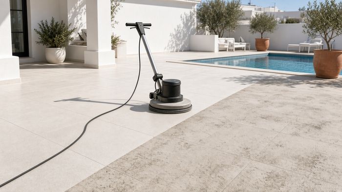 Rotary floor machine on a pool terrace, with cleaned pale porcelain tiles beside stained tiles still to be cleaned