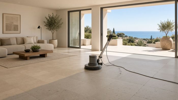 Rotary floor machine on a beige porcelain villa floor, cleaned tiles on one side and dull tiles on the other